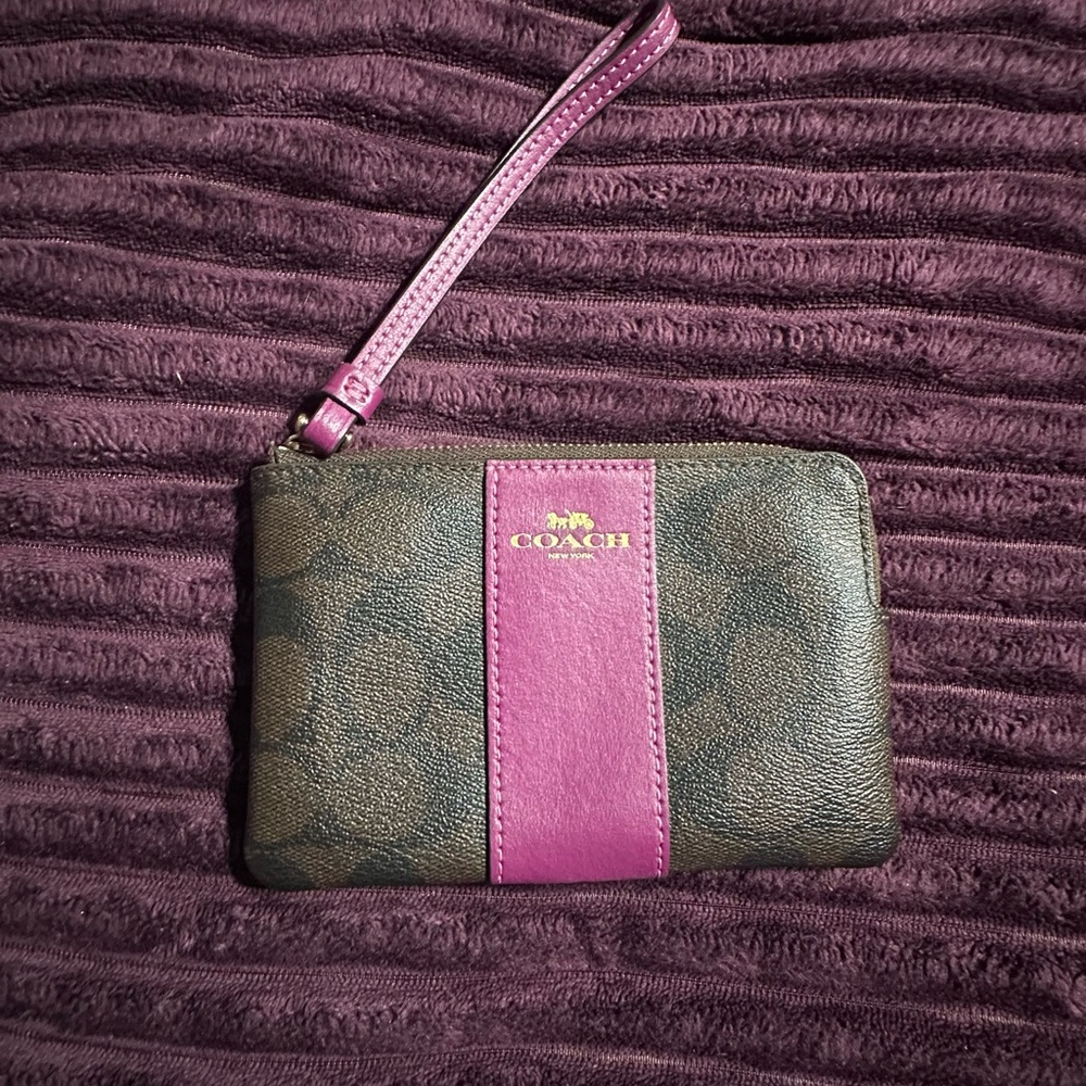 Coach Signature Brown Wristlet with Dark Magenta accents